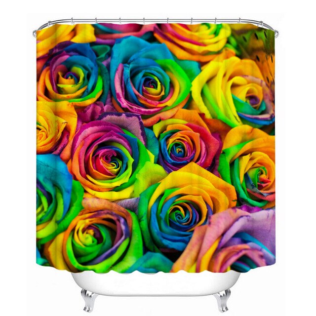 Beautiful Colorful Rose Shower Curtain Bathroom Curtains Set Purple Flowers Pedestal Rug Lid Toilet Cover Mat with 12 Hooks