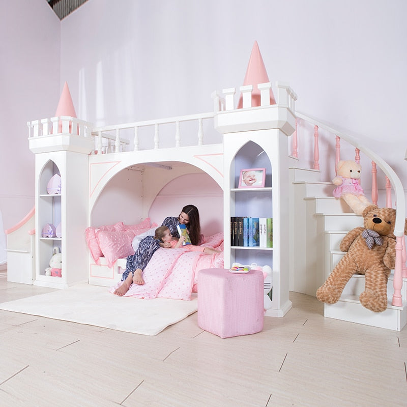 European-style princess castle children bed with slide storage cabinet double bed